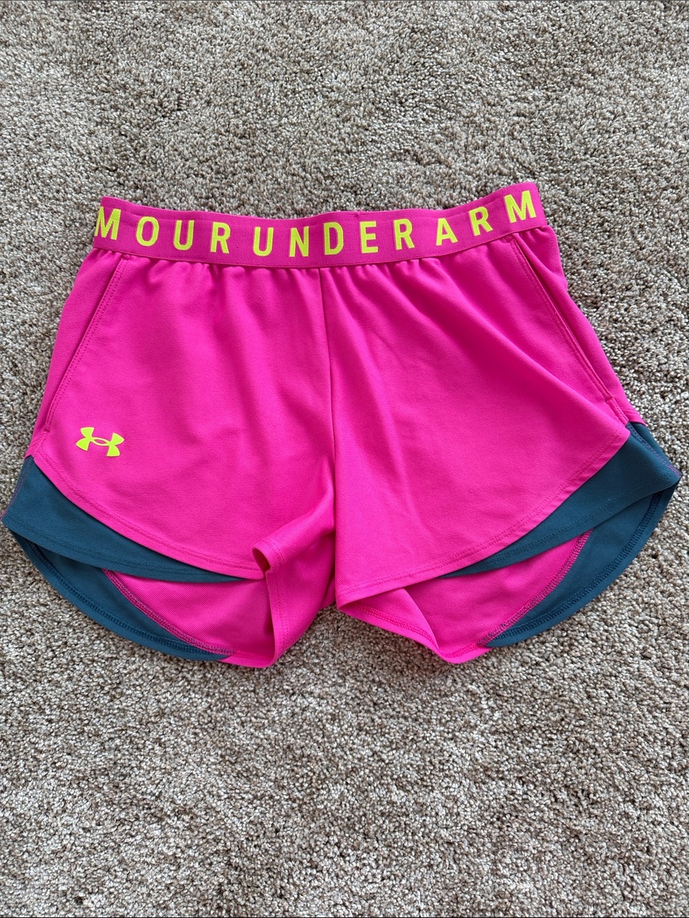 Under Armour Women's Hot Pink Athletic Shorts with Yellow Logo